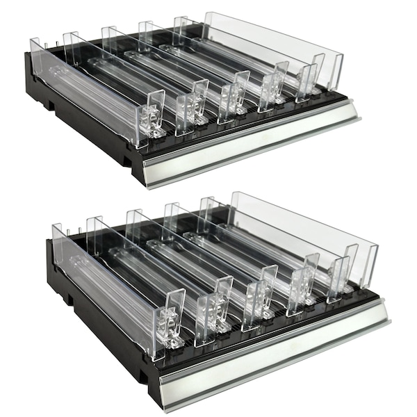 Adjustable Tall Divider Bin Cosmetic Tray w Pushers - Customize Slot Size to Product, Black, 2-Pack